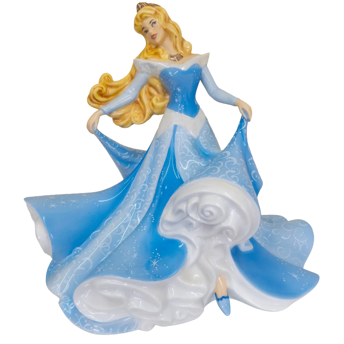 Blue and white Sleeping Beauty-style fine bone china figurine with flowing gown