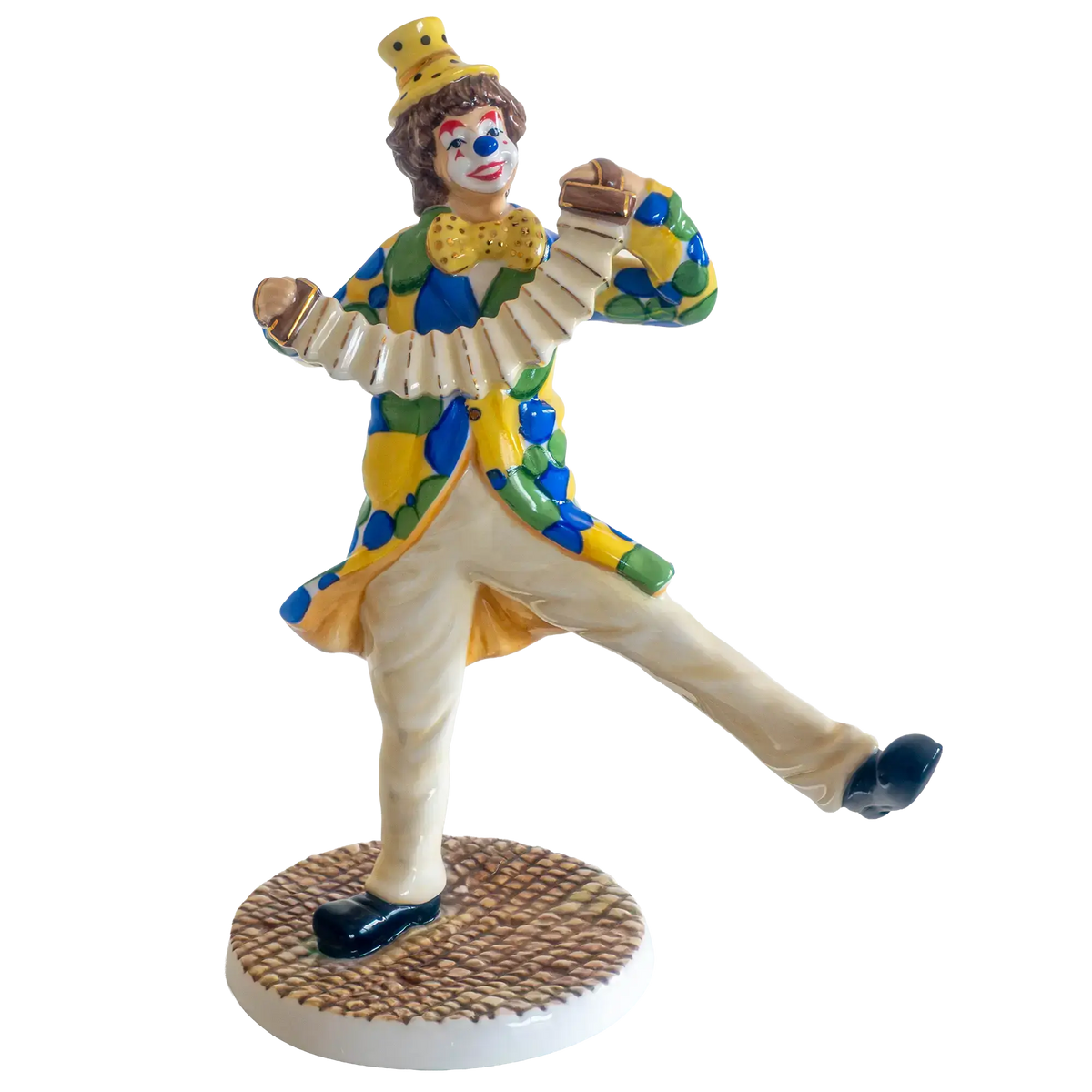 Clown fine bone china figurine playing an accordion, standing on a round base.