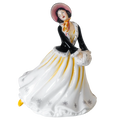 Fine bone china figurine of a lady in a black bonnet and white yellow-accent dress, holding a muff