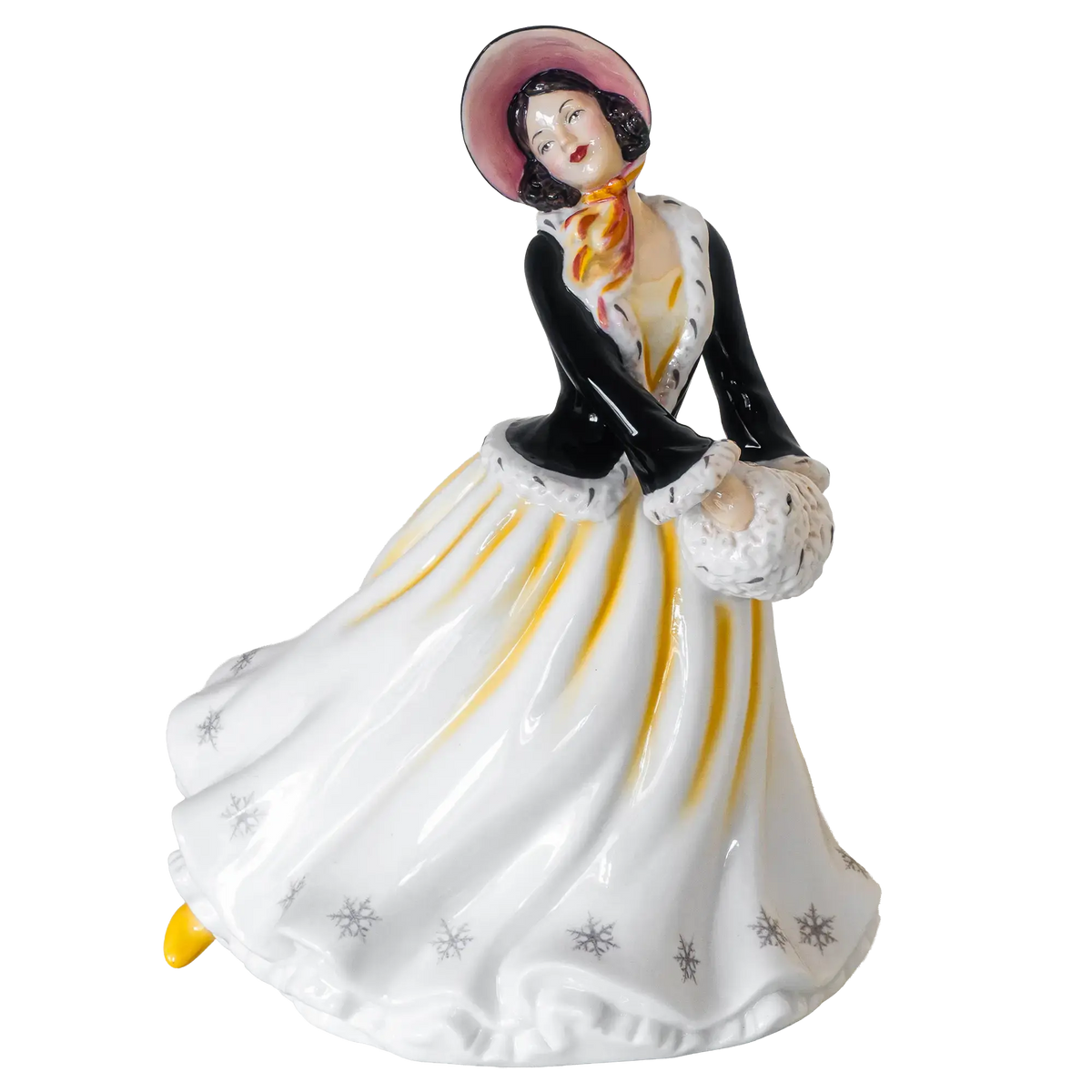 Fine bone china figurine of a lady in a black bonnet and white yellow-accent dress, holding a muff