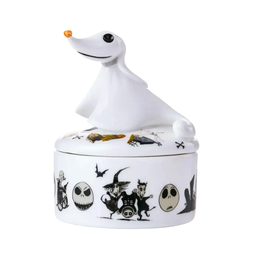 White fine bone china treasure box with Halloween skull and bat lid