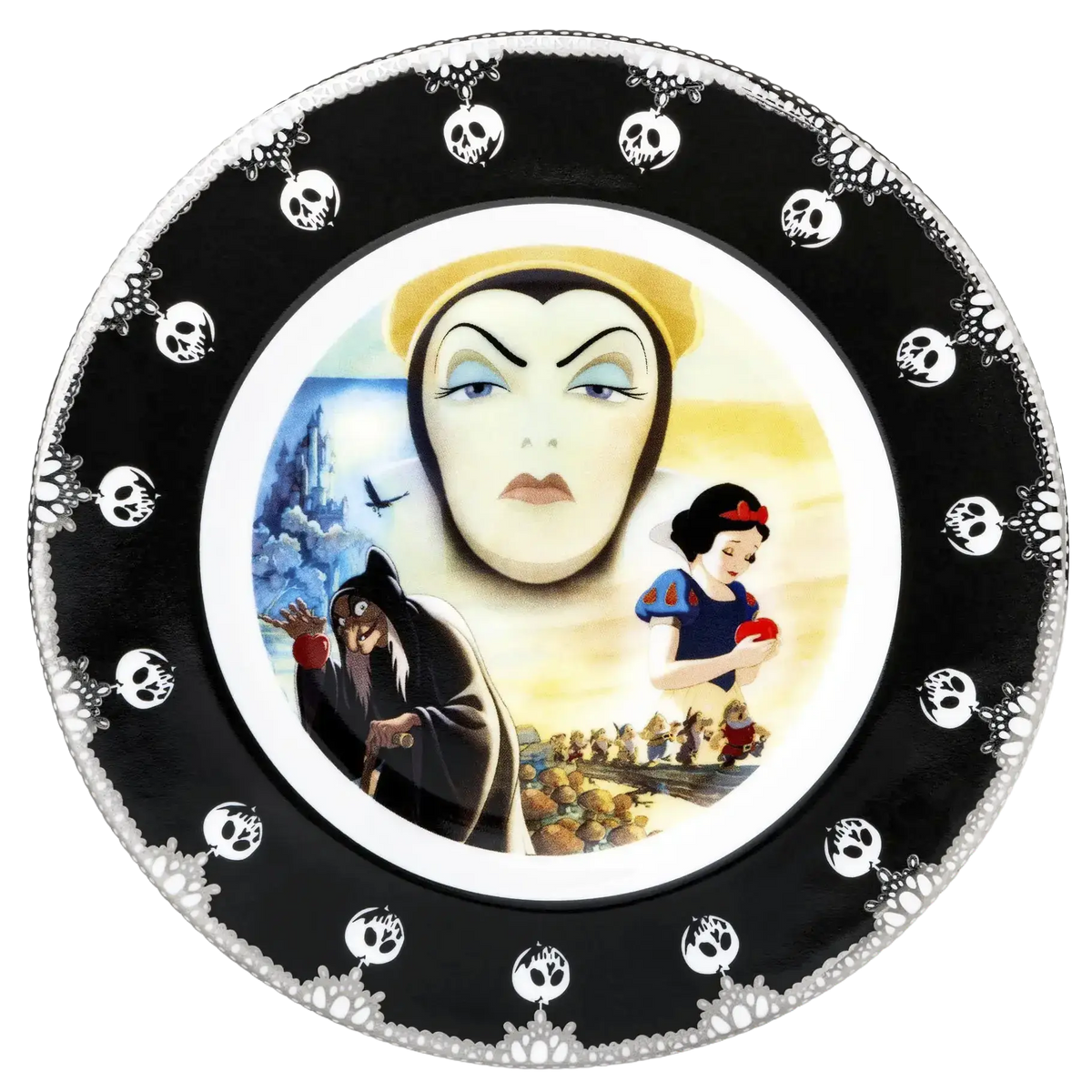 Fine bone china decorative plate with black skull paw border and fairy-tale portrait art