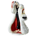 Cruella fine bone china figurine of character in white coat, red dress, holding bag
