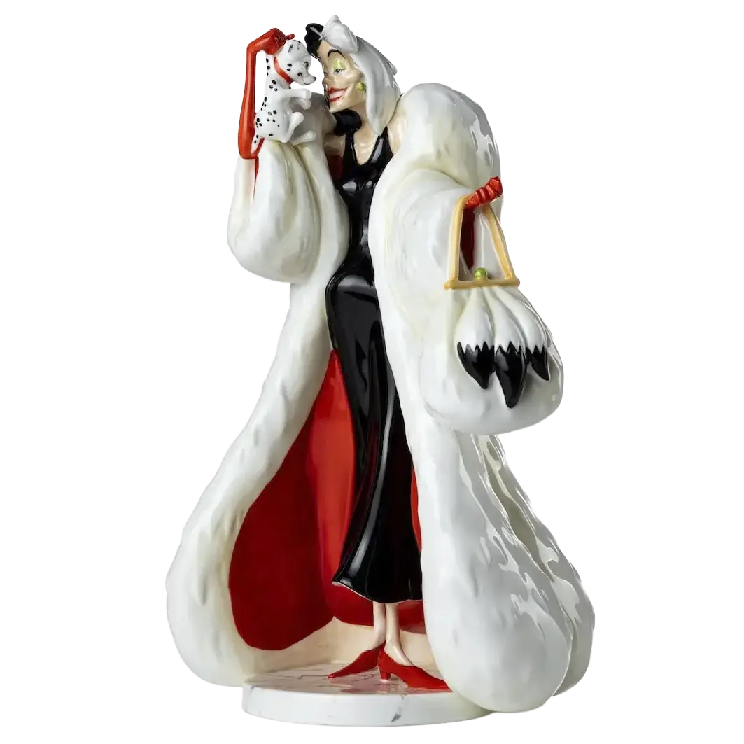 Cruella fine bone china figurine of character in white coat, red dress, holding bag