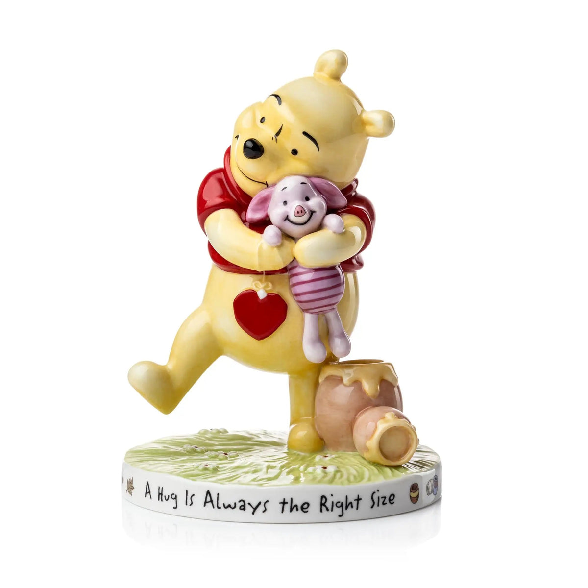 Fine bone china Winnie the Pooh figurine hugging Piglet, red scarf, printed message base
