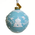 Blue fine bone china Christmas ornament ball with white castle and dove scene
