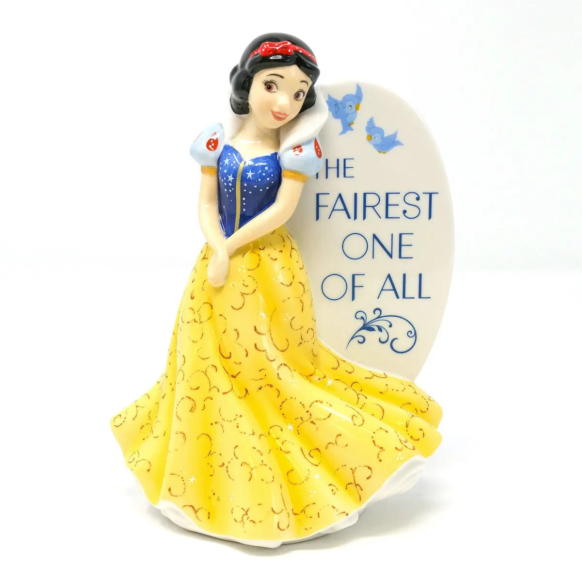 Snow White flatback fine bone china figure in yellow skirt and blue bodice, holding apple