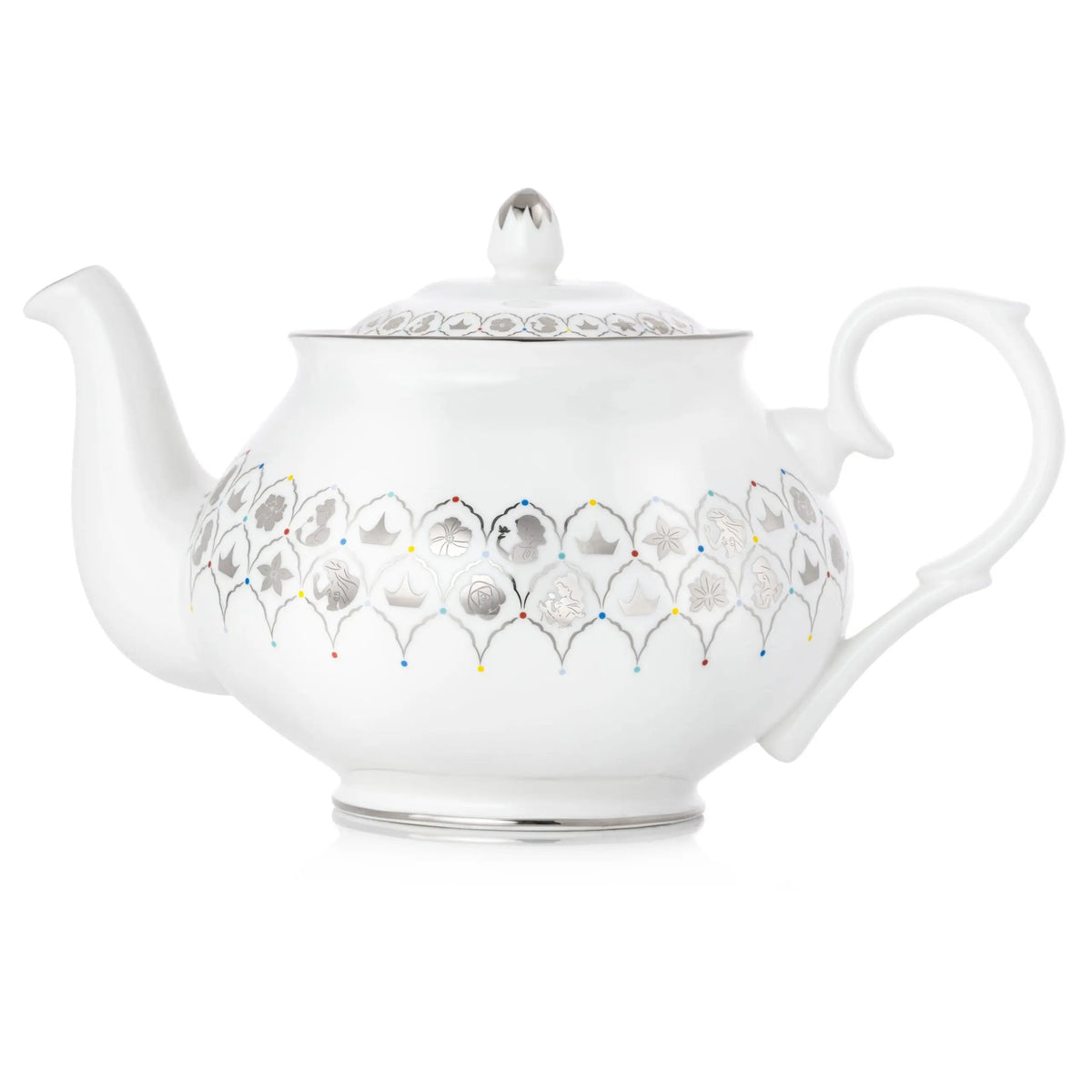 White fine bone china teapot with multicolor floral lattice pattern and domed lid finial