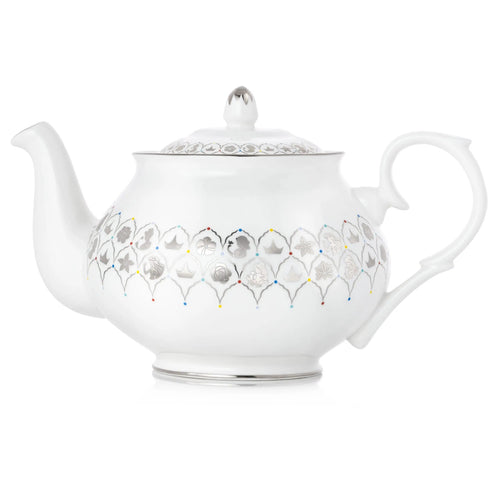 White fine bone china teapot with multicolor floral lattice pattern and domed lid finial