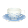 Fine bone china cup and saucer set, blue floral scene, scalloped rim