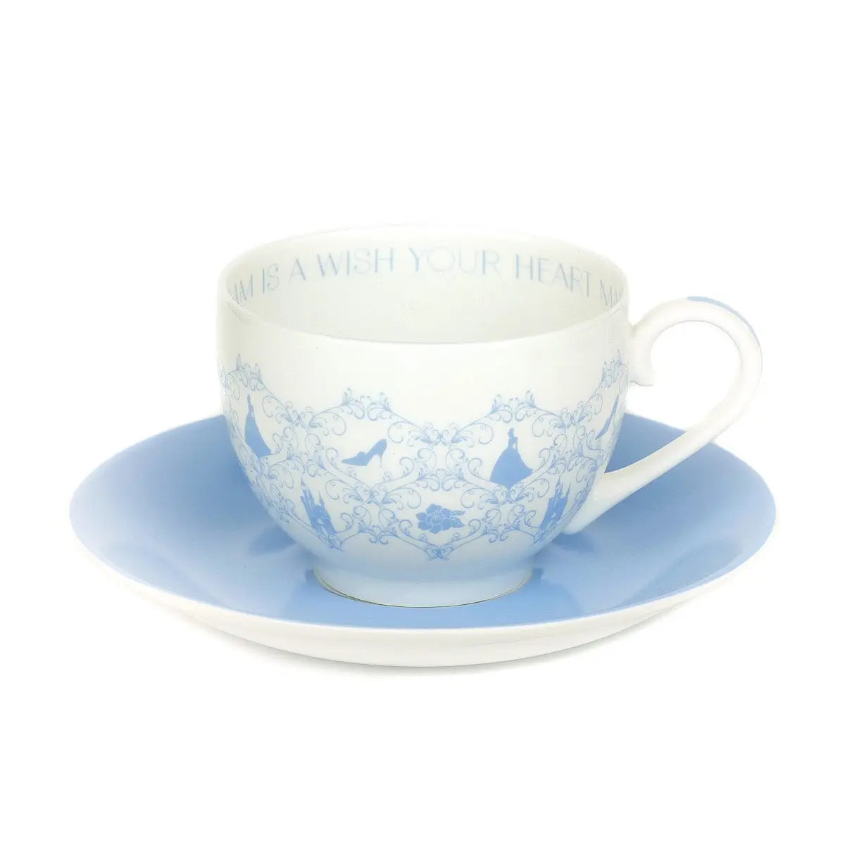 Fine bone china cup and saucer set, blue floral scene, scalloped rim