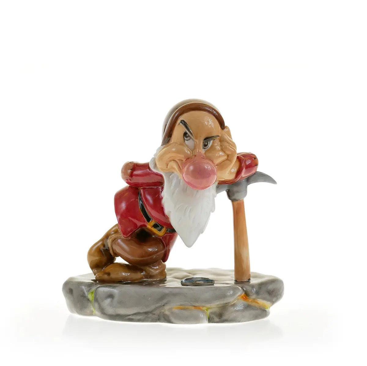 Grumpy dwarf figurine in fine bone china with red hood, white beard, holding pickaxe