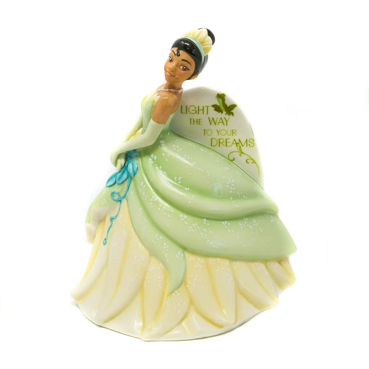 Light green and yellow fine bone china figurine with printed 'LIGHT THE WAY TO YOUR DREAMS'