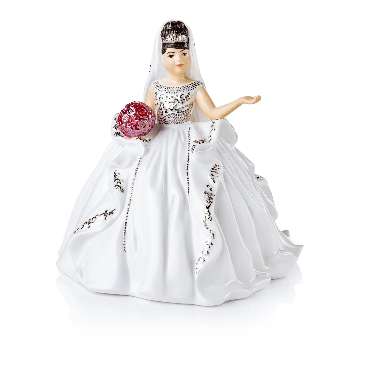 White fine bone china doll figurine in jeweled lace dress, holding a red orb