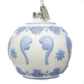 Blue and white fine bone china ornament with cameo-like figures, hanging on silver loop
