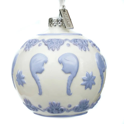 Blue and white fine bone china ornament with cameo-like figures, hanging on silver loop