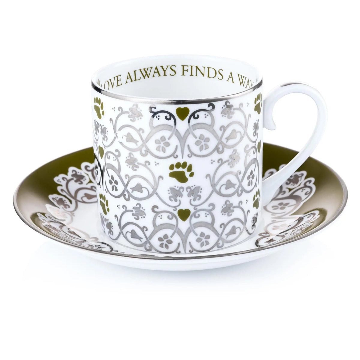 Fine bone china cup and saucer set, white with green accents and ornate floral pattern
