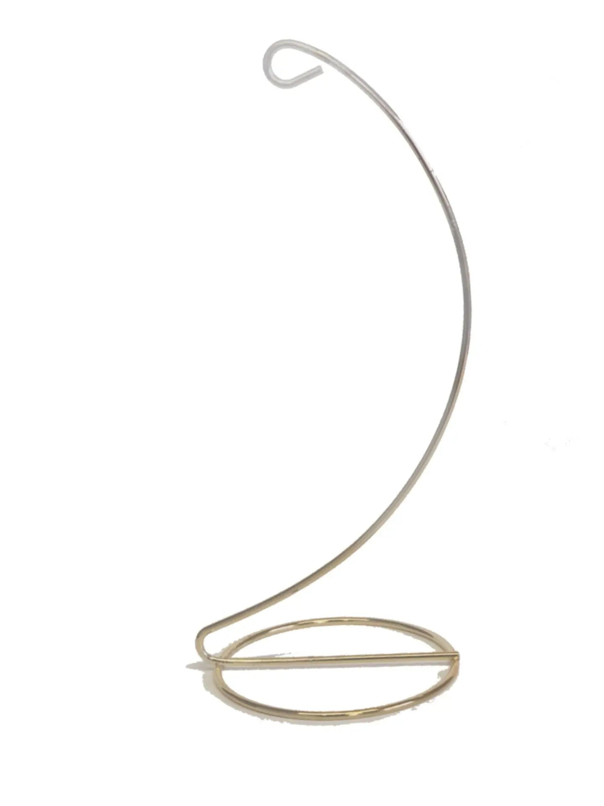 Silver fine bone china ornament stand with curved wire frame and oval base ring.