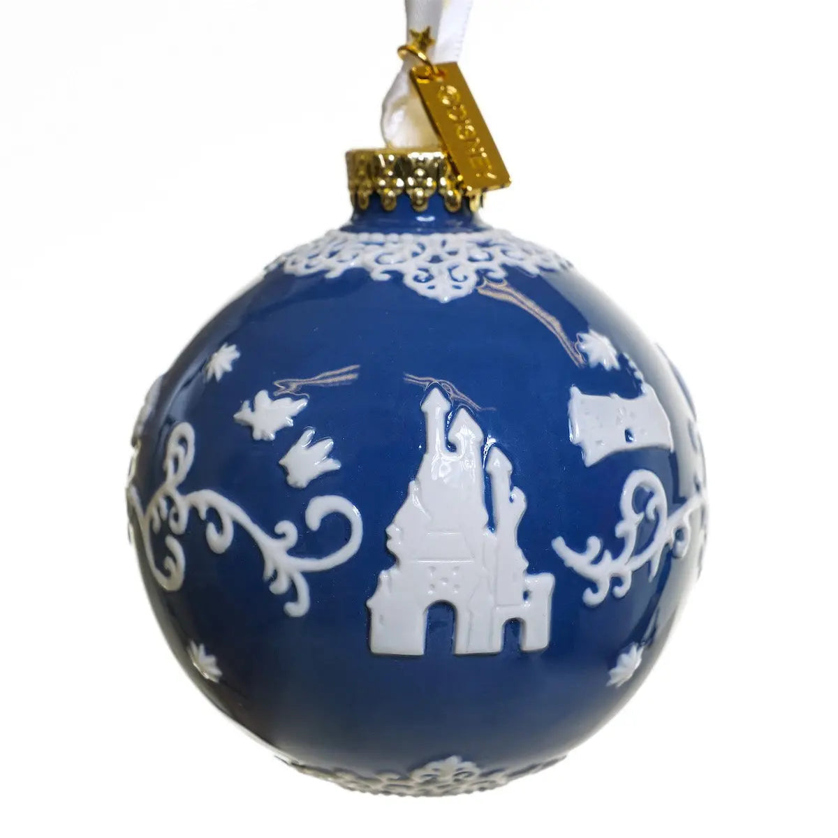 Blue and white porcelain castle ornament with gold hanging cap and loop