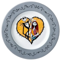 Round fine bone china plate with gray scalloped border and cartoon skull couple artwork