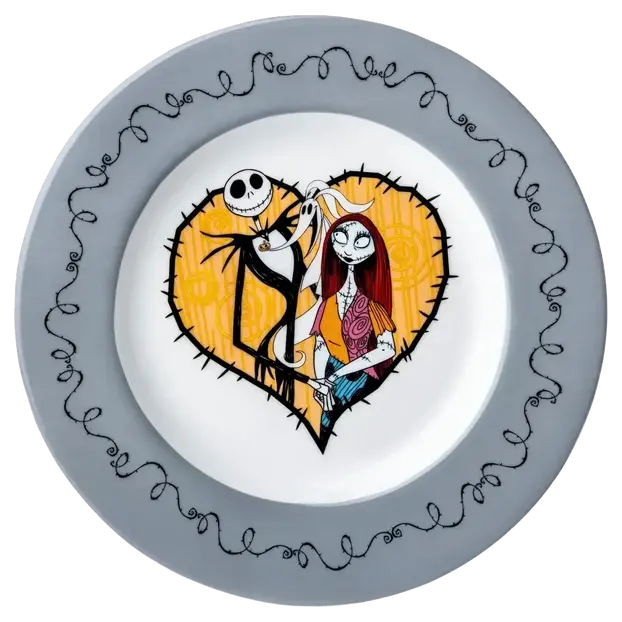 Round fine bone china plate with gray scalloped border and cartoon skull couple artwork