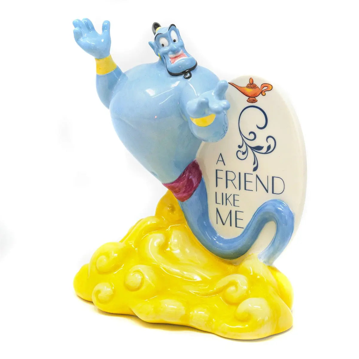 Fine bone china genie figurine with raised blue hand on yellow base, text "A FRIEND LIKE ME"