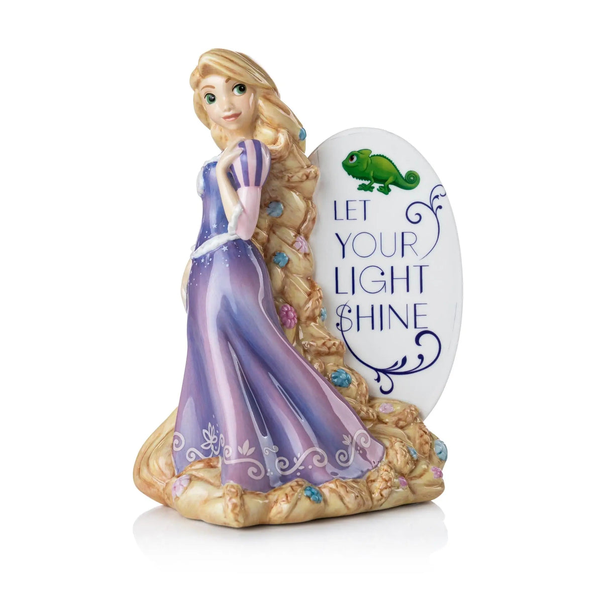 Fine bone china flatback figure of Rapunzel with oval sign 'LET YOUR LIGHT SHINE'