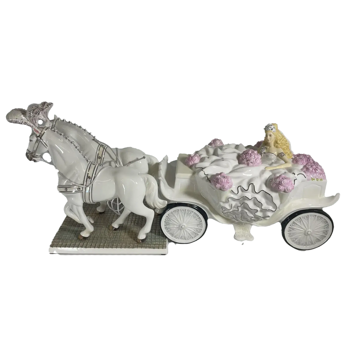 Fine bone china bride and horse figurine on carriage, blonde bride and pink flowers.