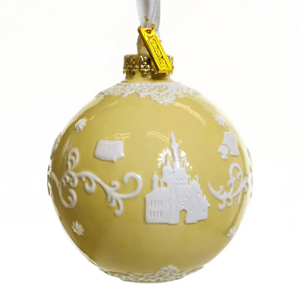 Gold and white fine bone china Christmas ornament with castle silhouette and hanging ribbon