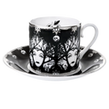 Fine bone china teacup and saucer set, black with white gothic queen and skull design