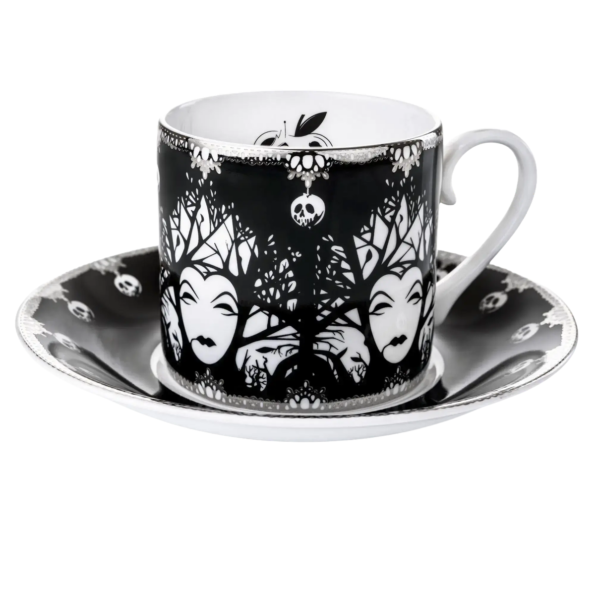 Fine bone china teacup and saucer set, black with white gothic queen and skull design