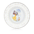 Fine bone china round plate, white with gold dots, floral rim, and illustrated central scene