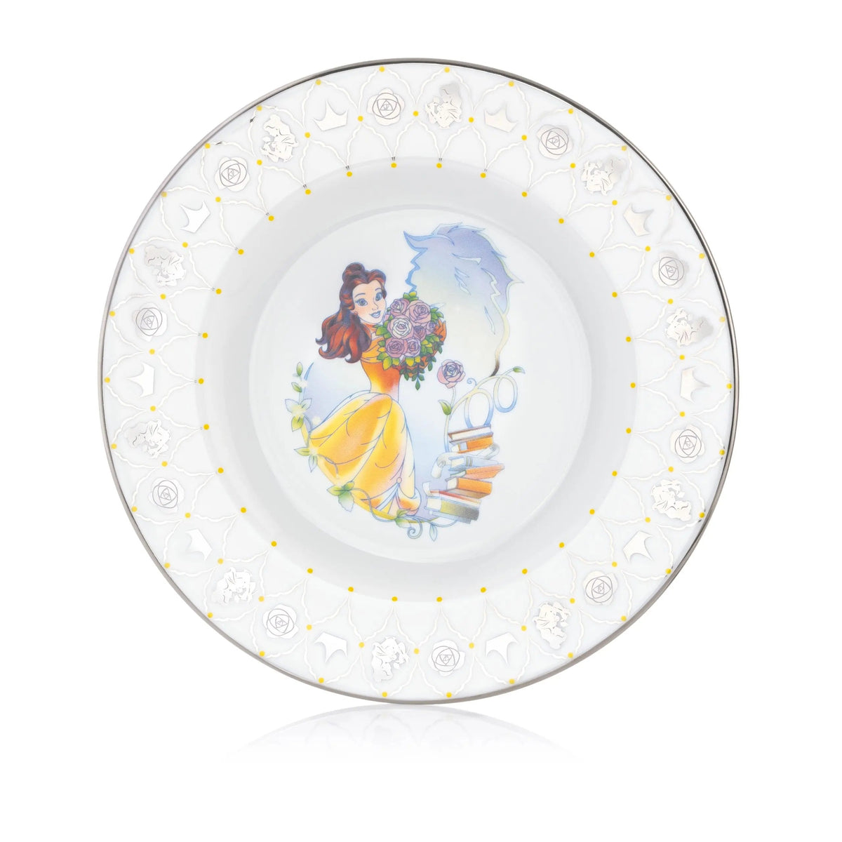 Fine bone china round plate, white with gold dots, floral rim, and illustrated central scene