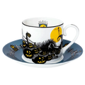 Fine bone china cup and saucer set, white with black and yellow Halloween scene