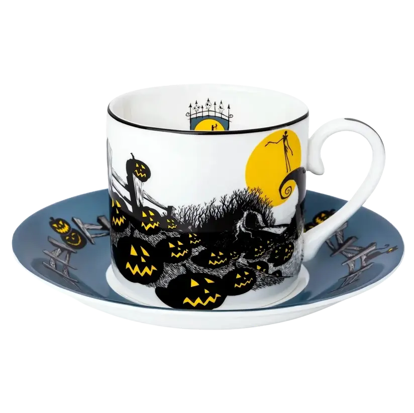 Fine bone china cup and saucer set, white with black and yellow Halloween scene