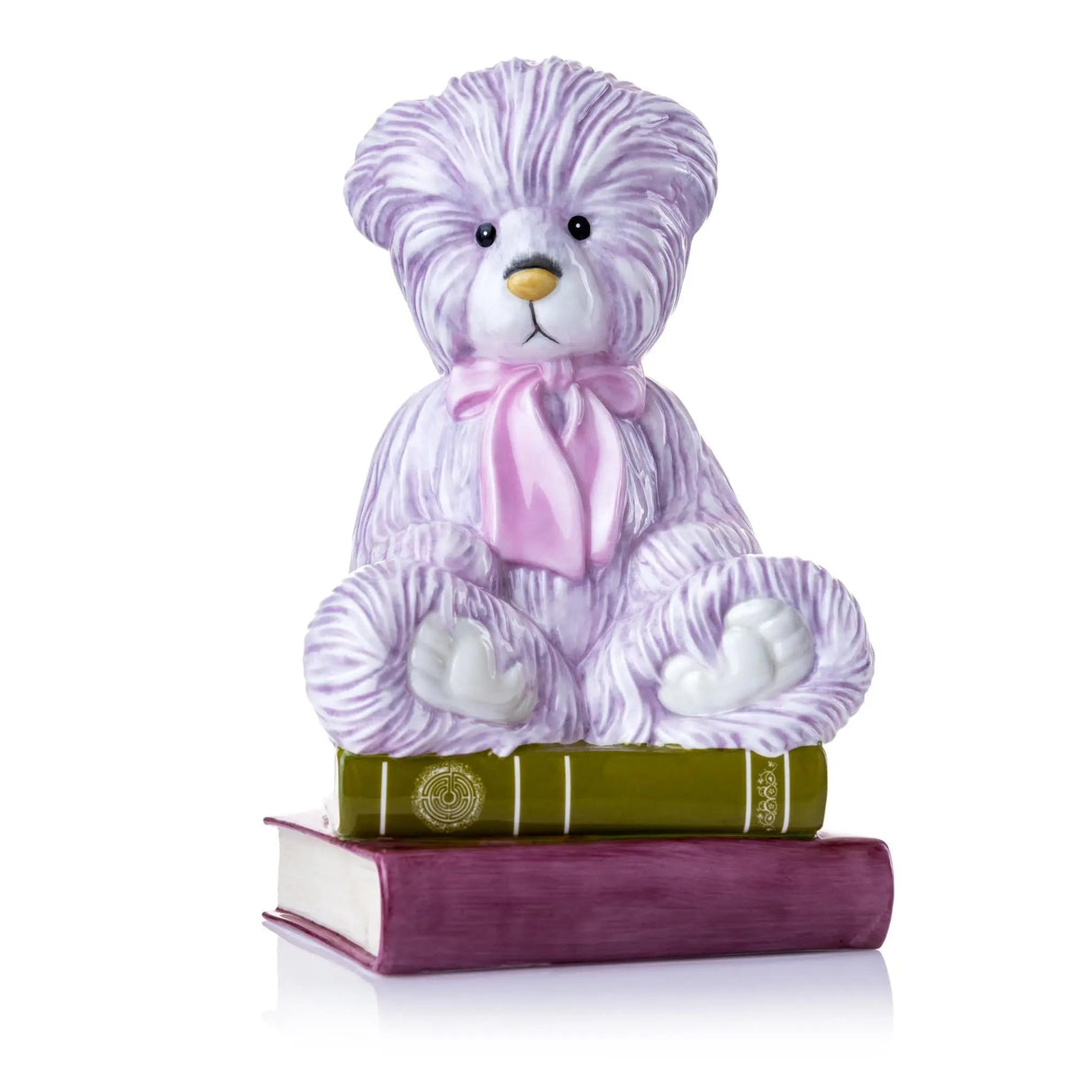 Lavender teddy bear figurine with satin bow holding stacked books, fine bone china