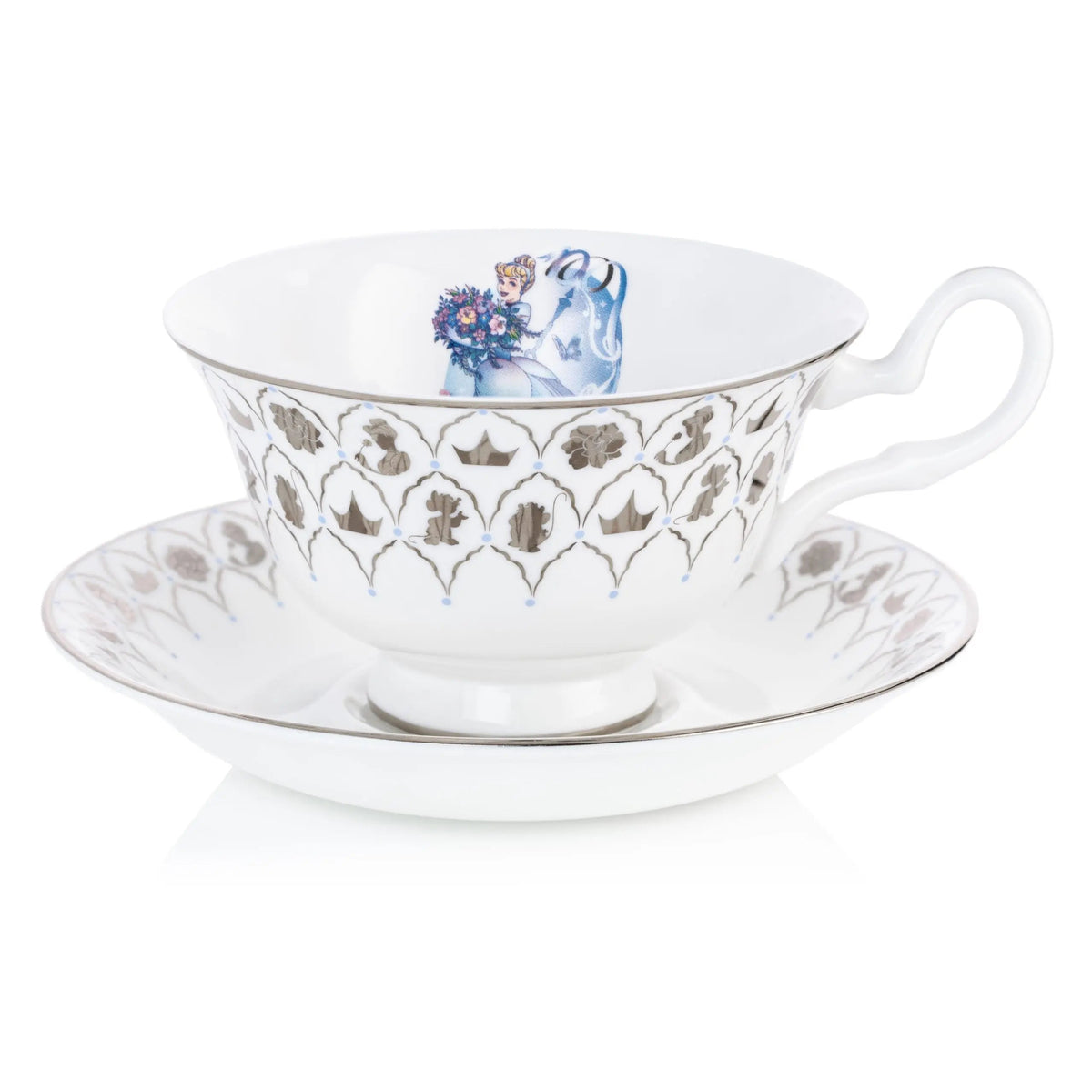 Fine bone china cup and saucer with blue Cinderella scene and floral gold edging