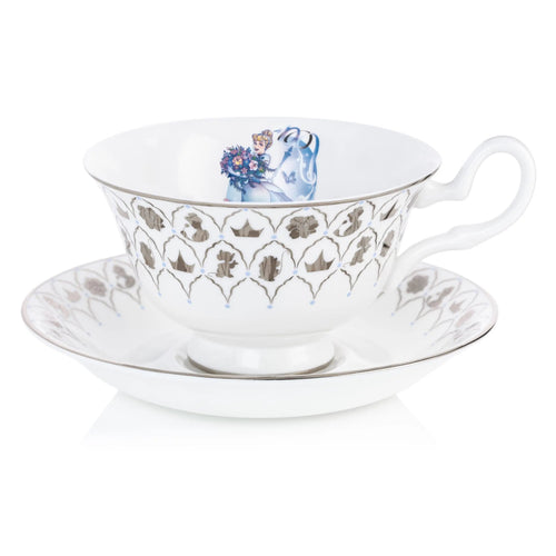 Fine bone china cup and saucer with blue Cinderella scene and floral gold edging